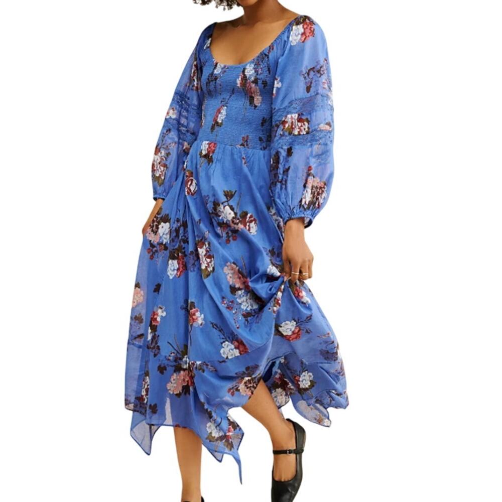 Free People Morning Glory Long Sleeve Maxi Dress Medium Blue Boho